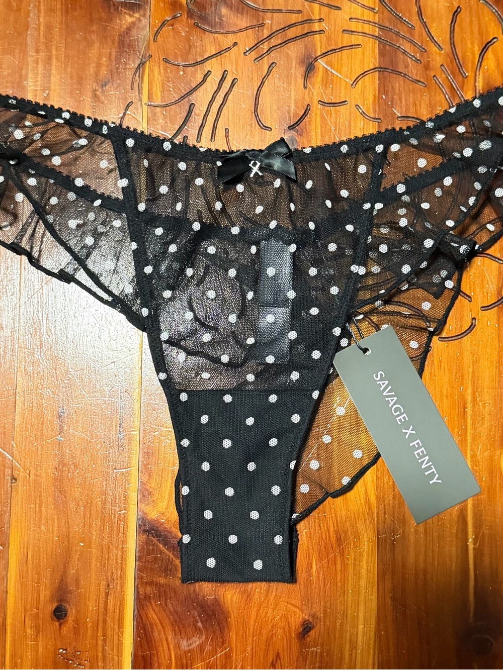 Savage X Fenty Black Sheer Polka Dot Thong Size 12-14 / Large